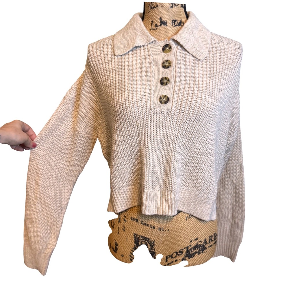 Society 212 Womens Oatmeal Ribbed Knit Button Polo Collar Cropped Sweater Small‎